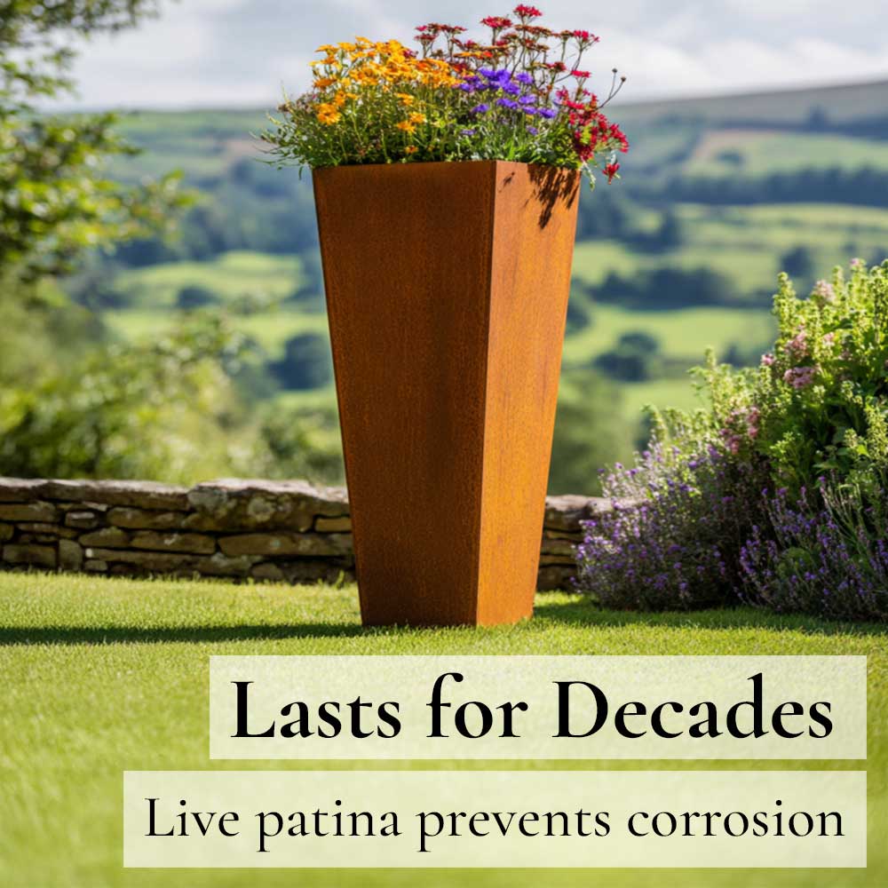 Corten Steel Tall Tapered Square Planter | 90cm | Brown