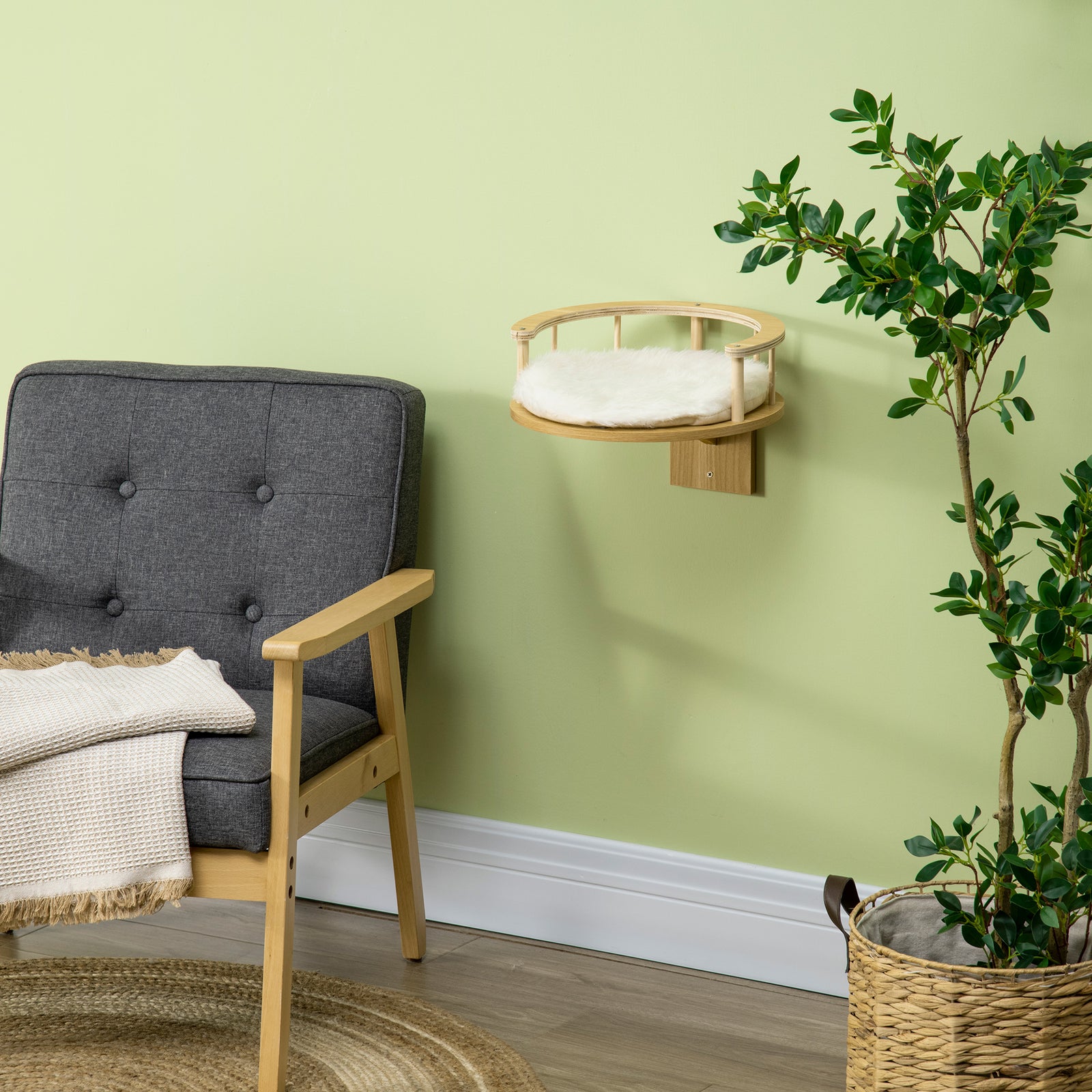 Cat Shelf Wall Mounted Cat Tree With Cushion, Guardrails 34 X 34 X 10.5cm