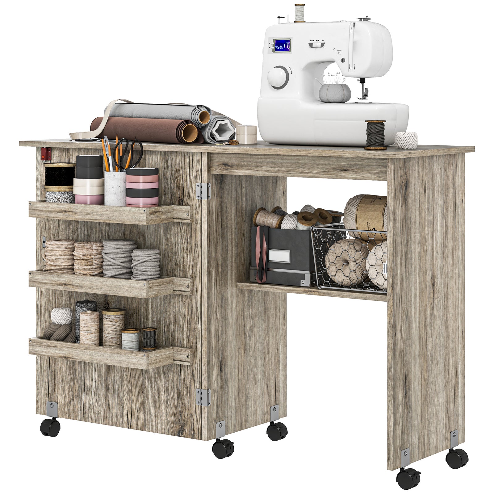 Folding Sewing Table Rolling Craft Table With Drop Leaf Wheels Grey | Grey