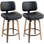Bar Stools Set Of 2, 360 Swivel Padded Seat, Curved Wood Legs, Black