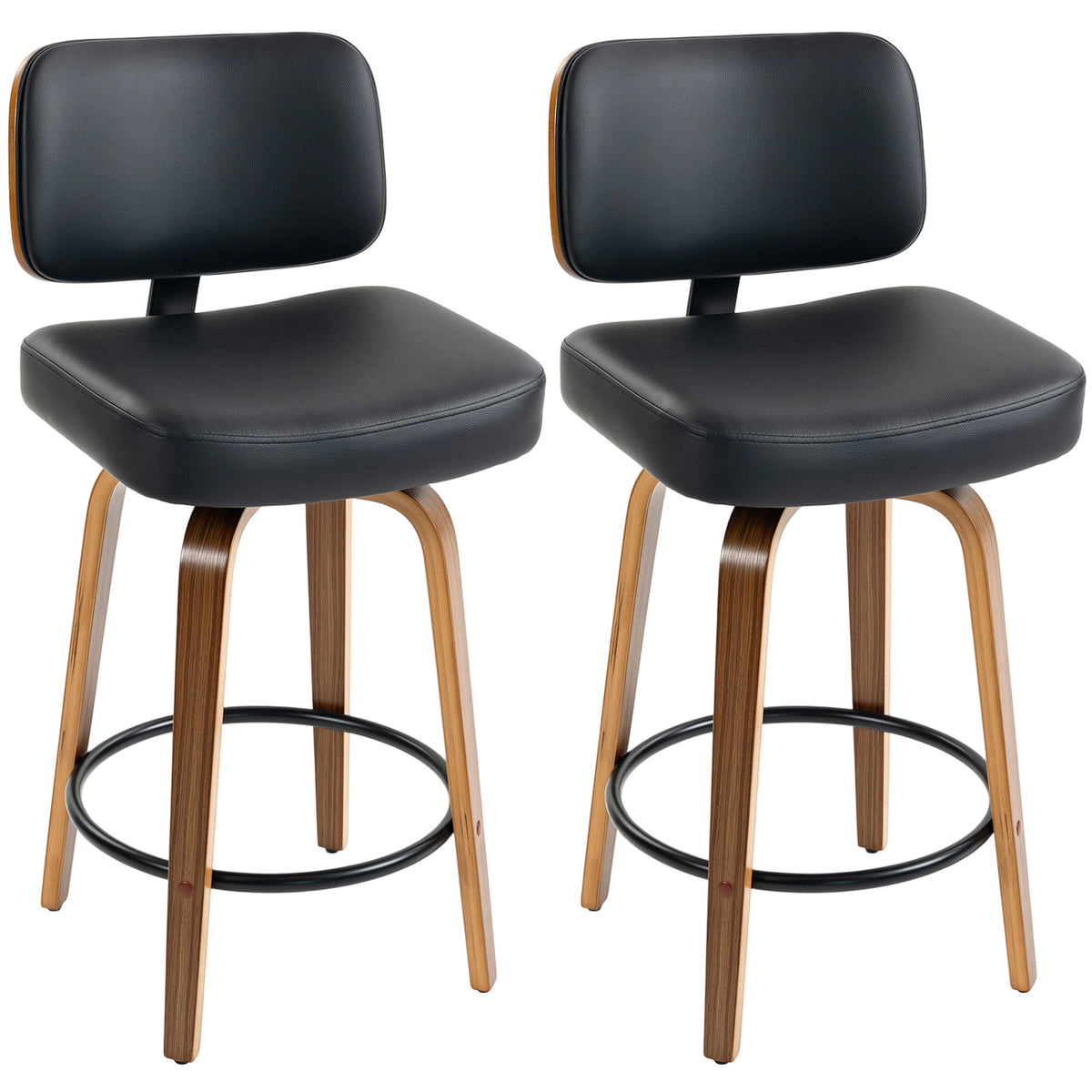 Bar Stools Set Of 2, 360 Swivel Padded Seat, Curved Wood Legs, Black