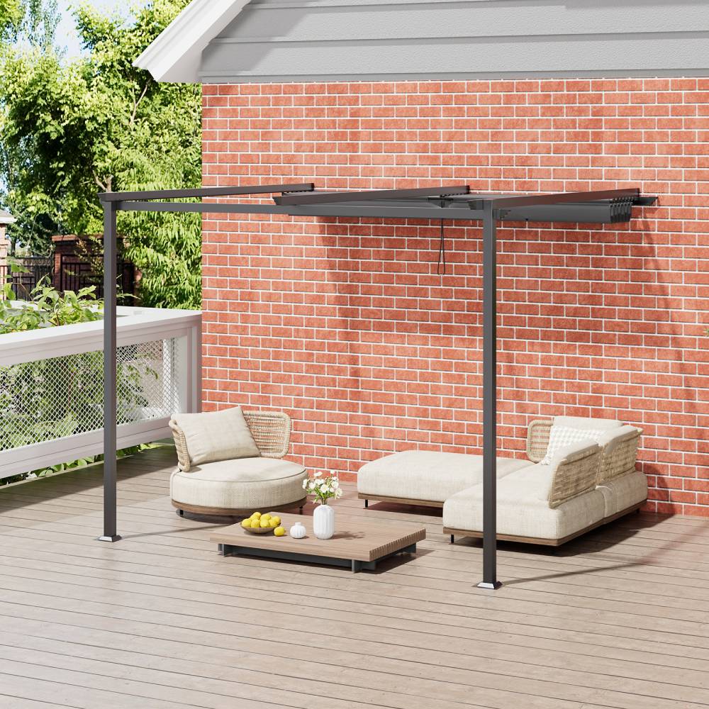 3x3m/3x4m Lean To Pergola With Retractable Roof With Pa-coated Polyester Canopy Wall Mounted Garden Gazebo Outdoor Sun Shade Shelter For Patio | 3m x 4m | Dark Grey