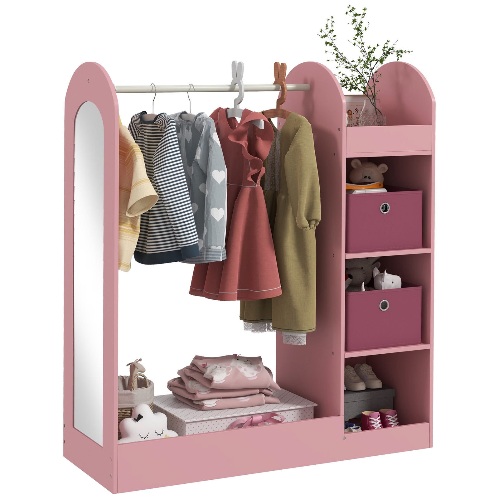 Kids Cloth Rail With Storage Shelf, Boxes, Mirror For Bedroom | Pink