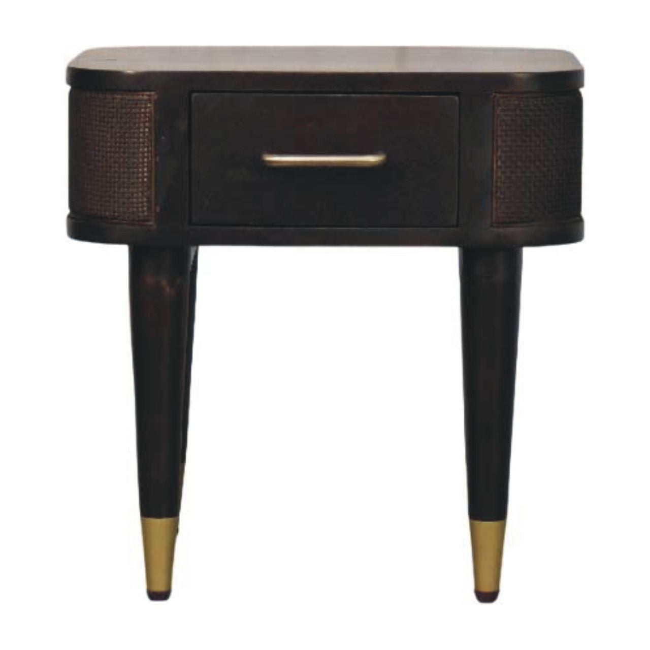 Solid Wood Belmont Bedside, 1 Drawer And Handwoven Rattan Panels, Dark Brown