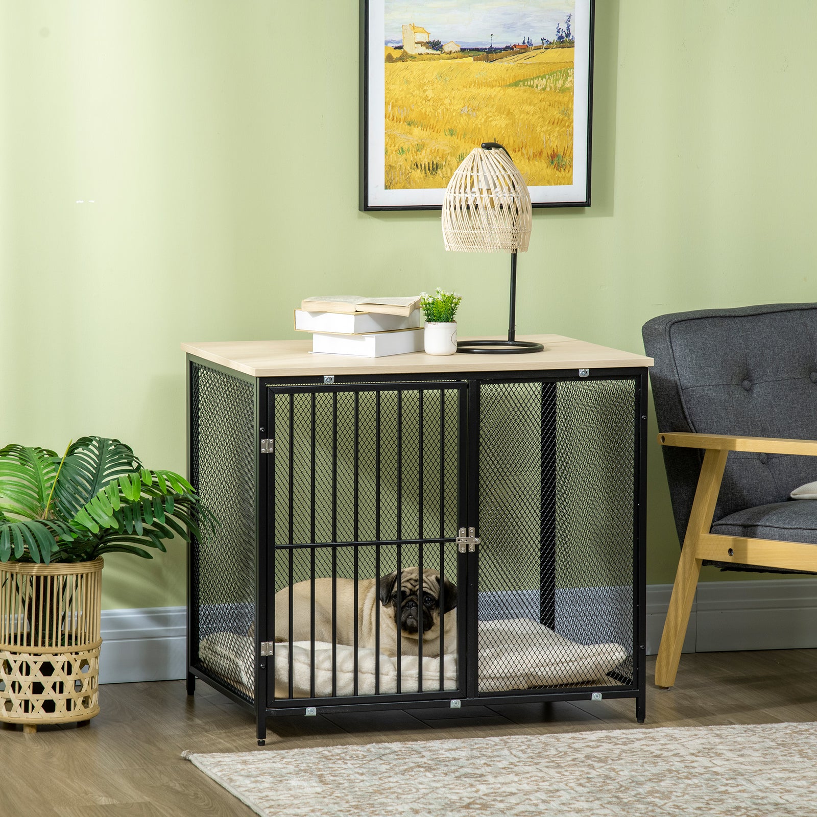 Dog Crate End Table W/ Cushion, Front Door - Ak Color