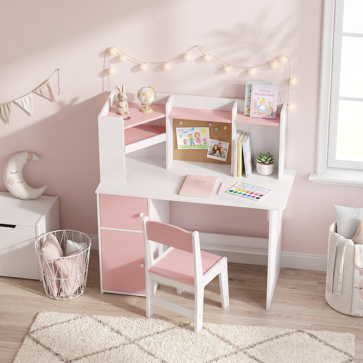 AIYAPLAY Kids Desk And Chair Set W/ Cabinets For Ages 5-12 Years, Pink