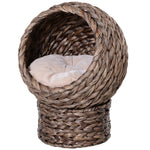 Wicker Cat House, Raised Cat Bed With Cushion, 42 X 33 X 52cm/50 X 42 X 60 Cm | Small | Dark Brown