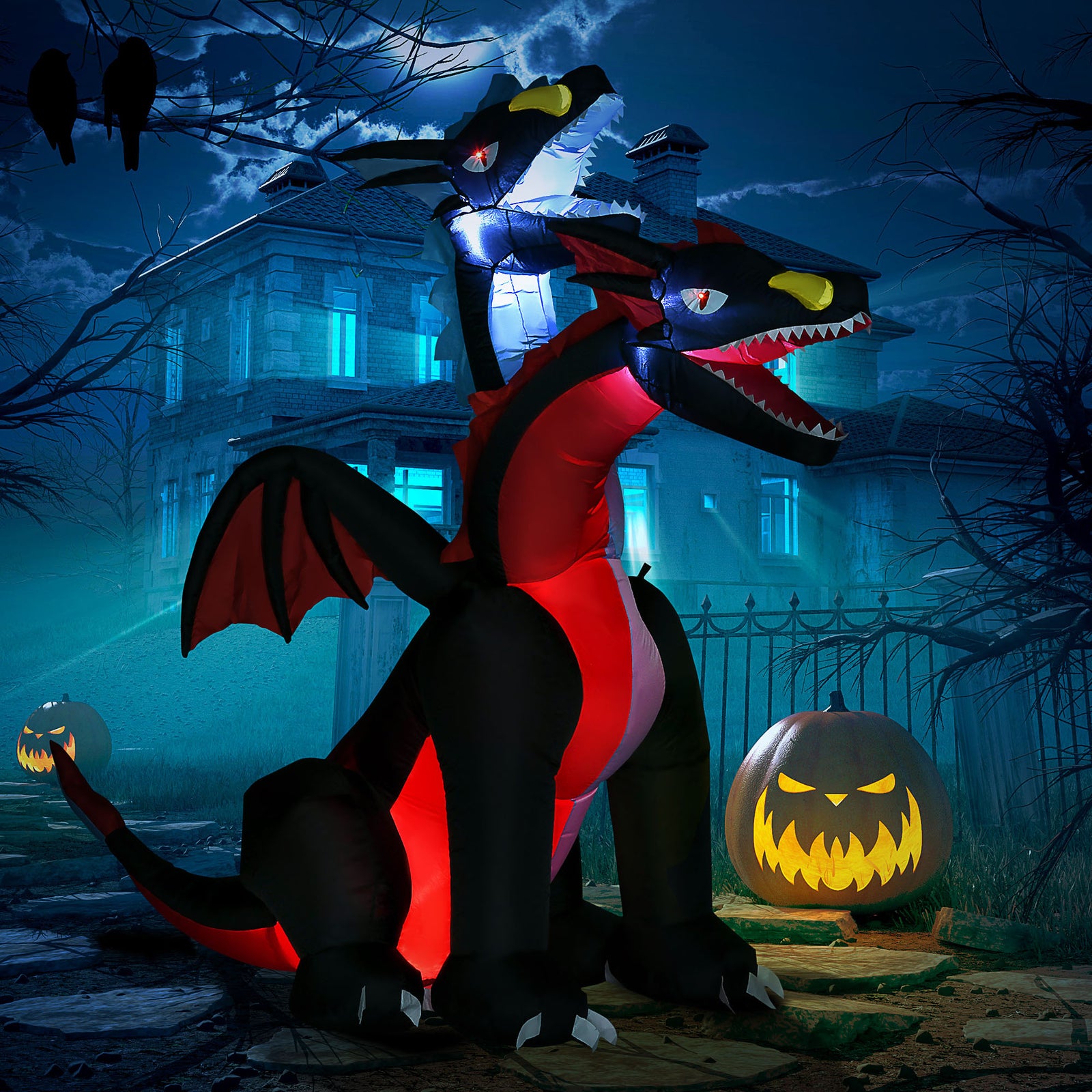 7ft Blow Up Tall Halloween Inflatable Dragon With 2 Heads And Led Lights
