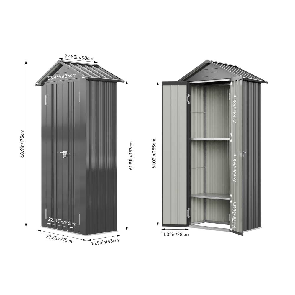 Metal Garden Storage Cabinet 2.7×1.9 Ft Apex Roof Shed With Adjustable 2 Shelves &  Lockable Double Doors | Grey