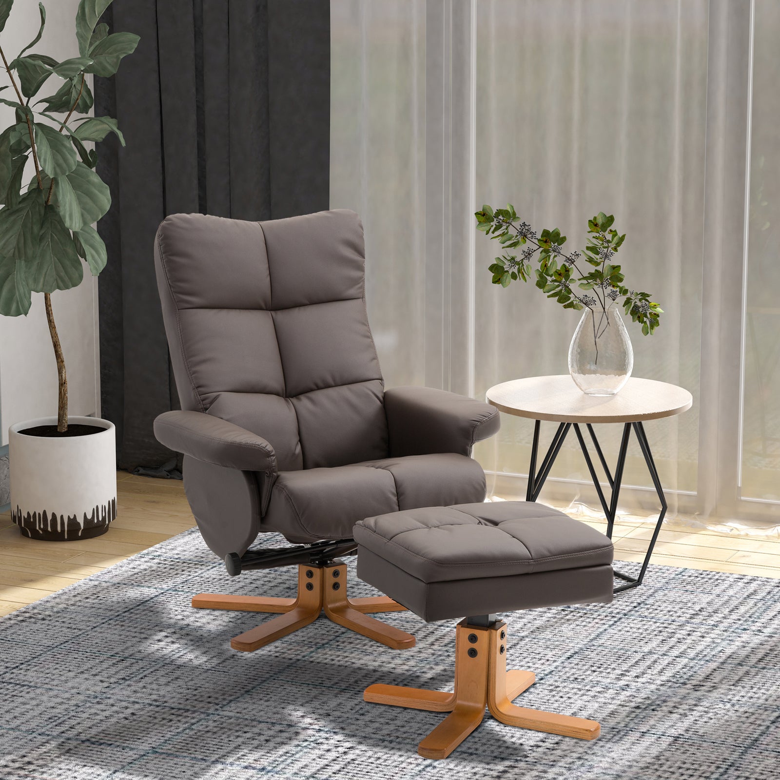 Recliner Chair And Footstool Pu Leather Wooden Base | One Size | Brown
