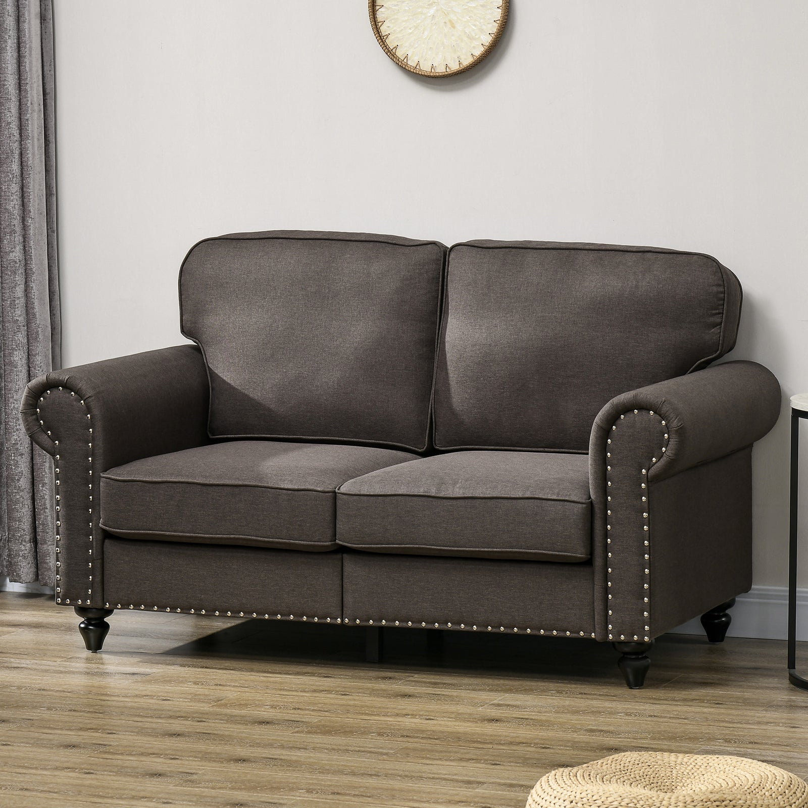 2 Seater Sofa For Living Room With Nailhead Trim | Double | Brown