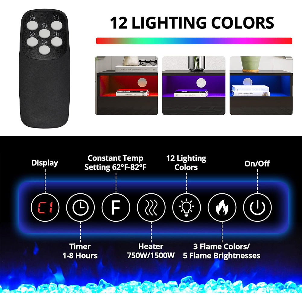 Black Electric Fire Suite With Fireplace, Black Fire Surround & Tv Stand, 12-color Mood Lights