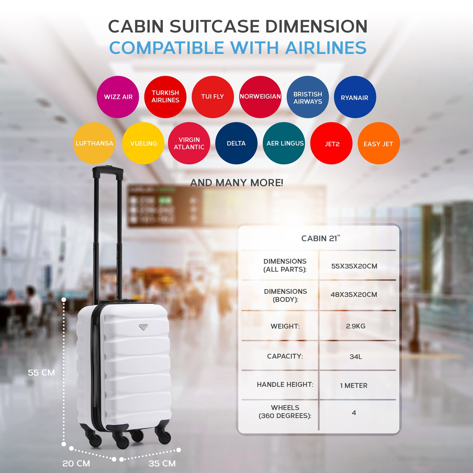 55x35x20cm Cabin Carry On Suitcase Hard Shell Overhead Luggage 100+ Airlines Approved | Cabin | Black & White