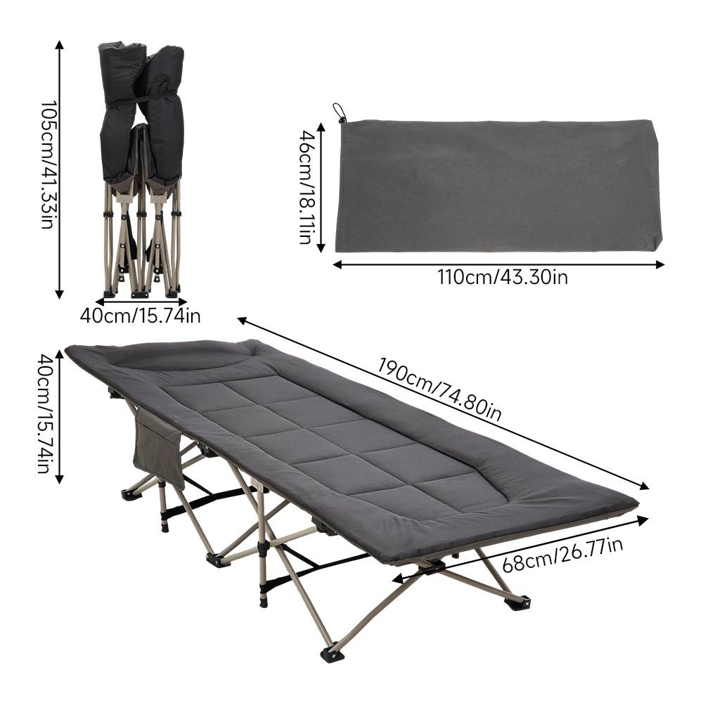 Folding Camping Cot With Mattress & Headres，wide Outdoor Camp Bed For Travel Hiking Indoor Use | Black