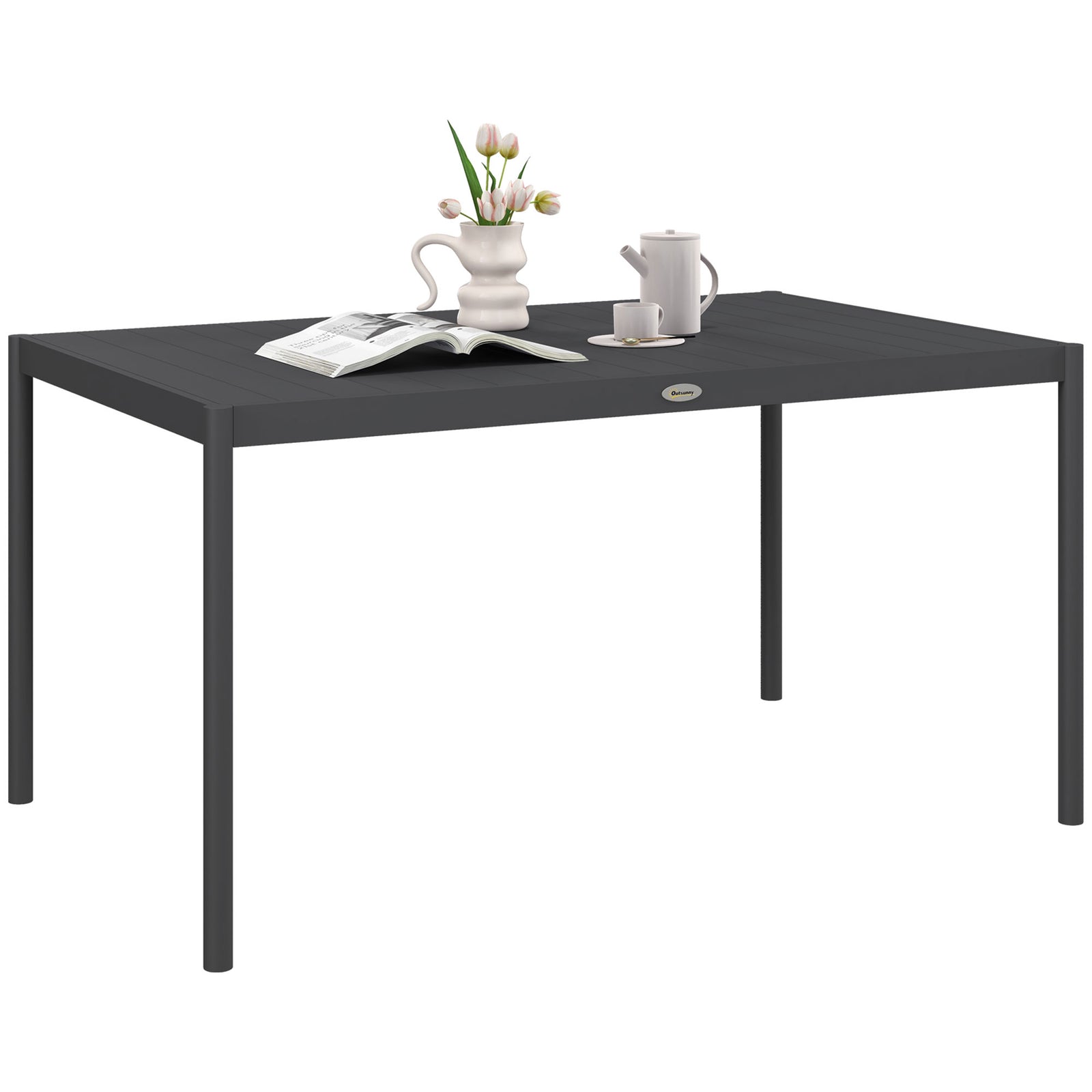 145cm Garden Table For 6, Slatted Aluminum Top, Dark Grey