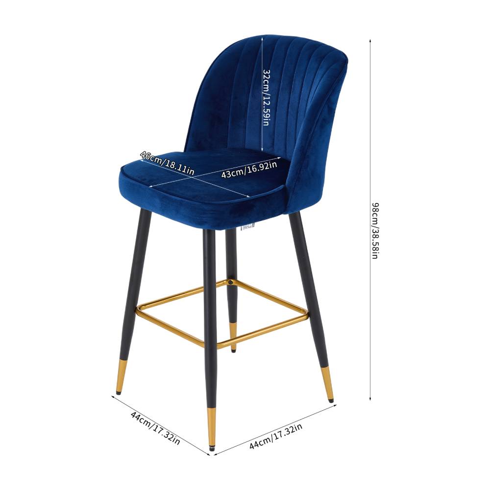 Set of 2 Royal Blue Upholstered Bar Stools, Velvet-Feel Fabric Counter Chairs with Backrest, Black & Gold Metal Legs