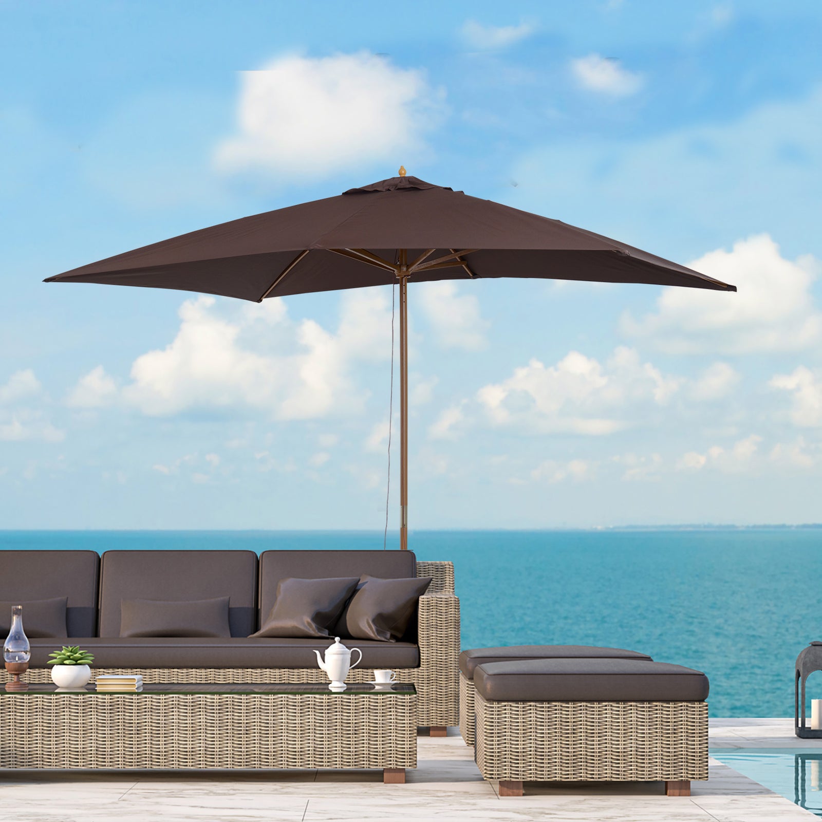 Wooden Garden Parasol Sun Shade Outdoor Umbrella Canopy | Brown