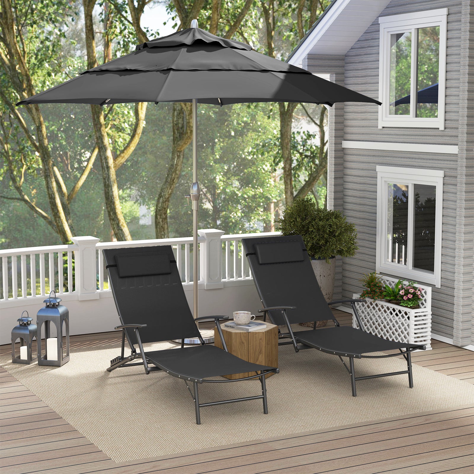 Set Of 2 Garden Sun Loungers, Folding Chaise Lounge Chairs | Black