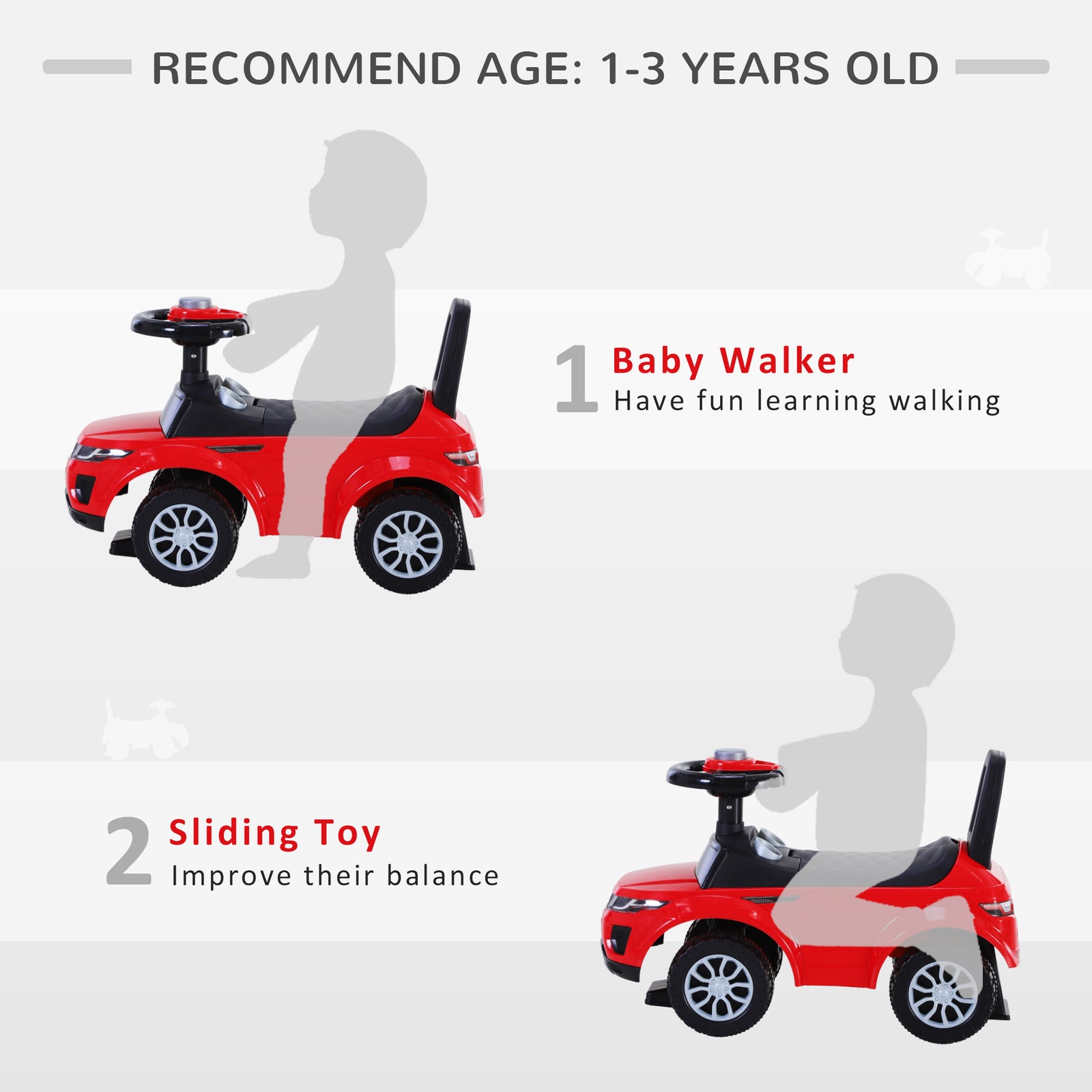 3-in-1 Ride On Car Foot To Floor Slider Toddler W/ Horn Steering | Red