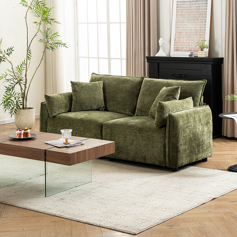 2-seater Chenille Sofa, Modern Upholstered Couch With Deep Cushions, Throw Pillows, Sturdy Wood & Iron Frame | Green