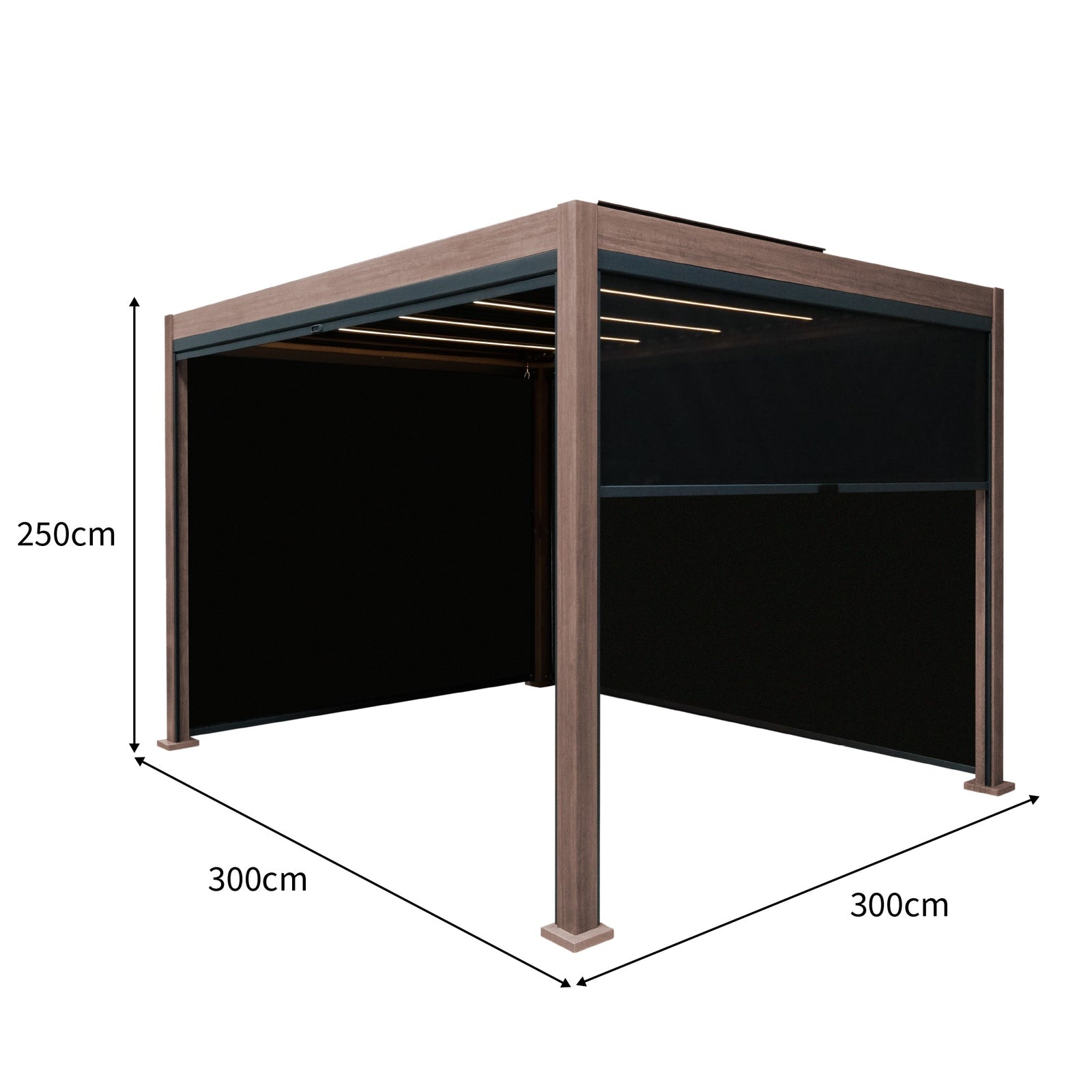 Wood Effect Aluminium Pergola With Blinds & Led Lights | 3m x 3m | Brown