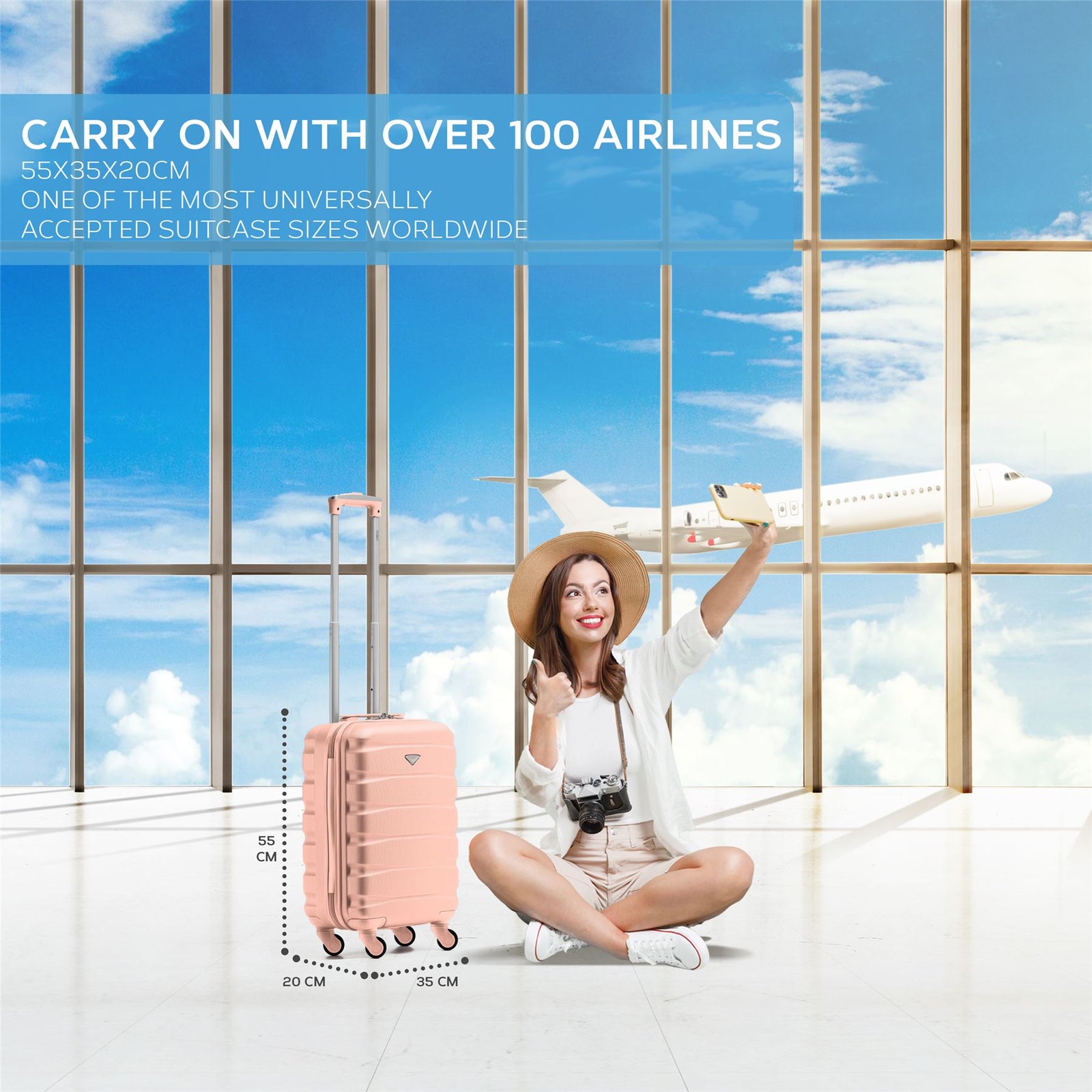 55x35x20cm Cabin Carry On Suitcase Hard Shell Overhead Luggage 100+ Airlines Approved | Cabin | Rose