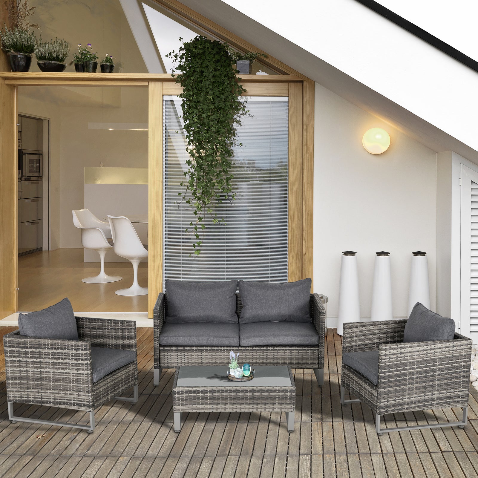 4 Pcs Pe Rattan Wicker Outdoor Dining Set