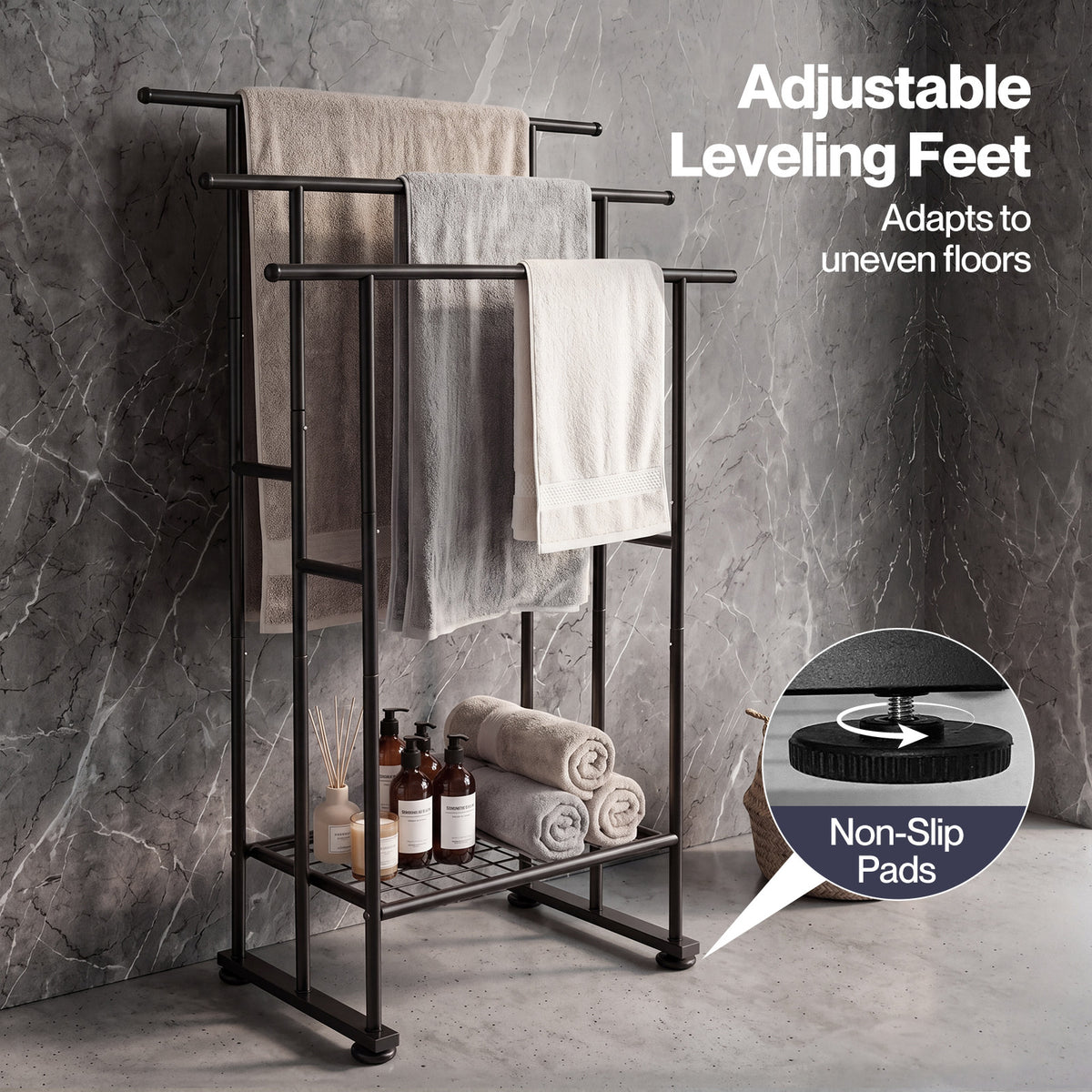 Towel Rail Metal Rack With Basket 3-tier Storage Anti-slip Foot Black | Black