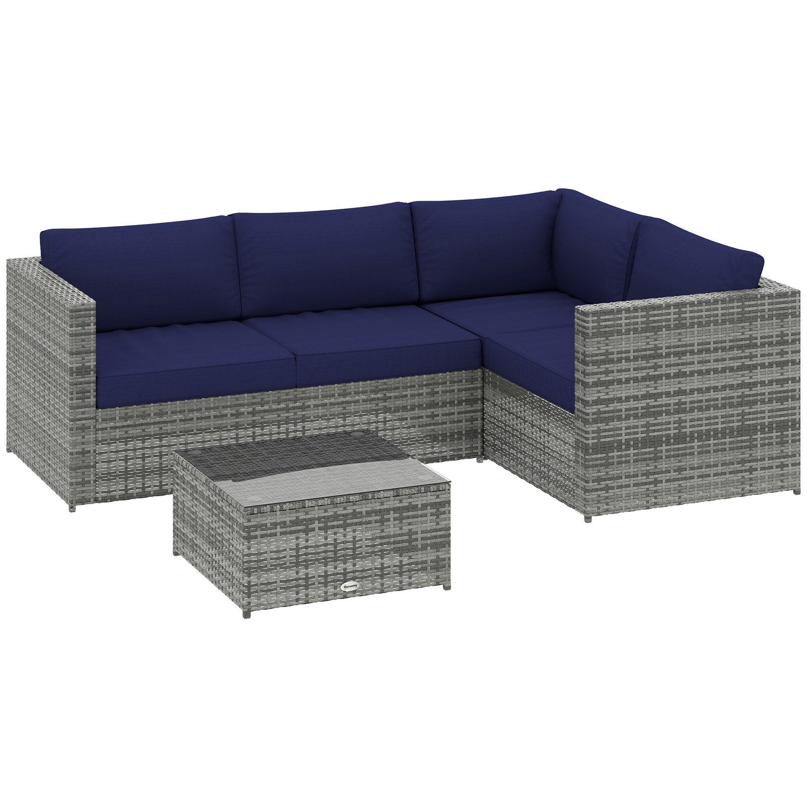 3pcs Rattan Corner Sofa Set With Coffee Table, Cushion, Blue