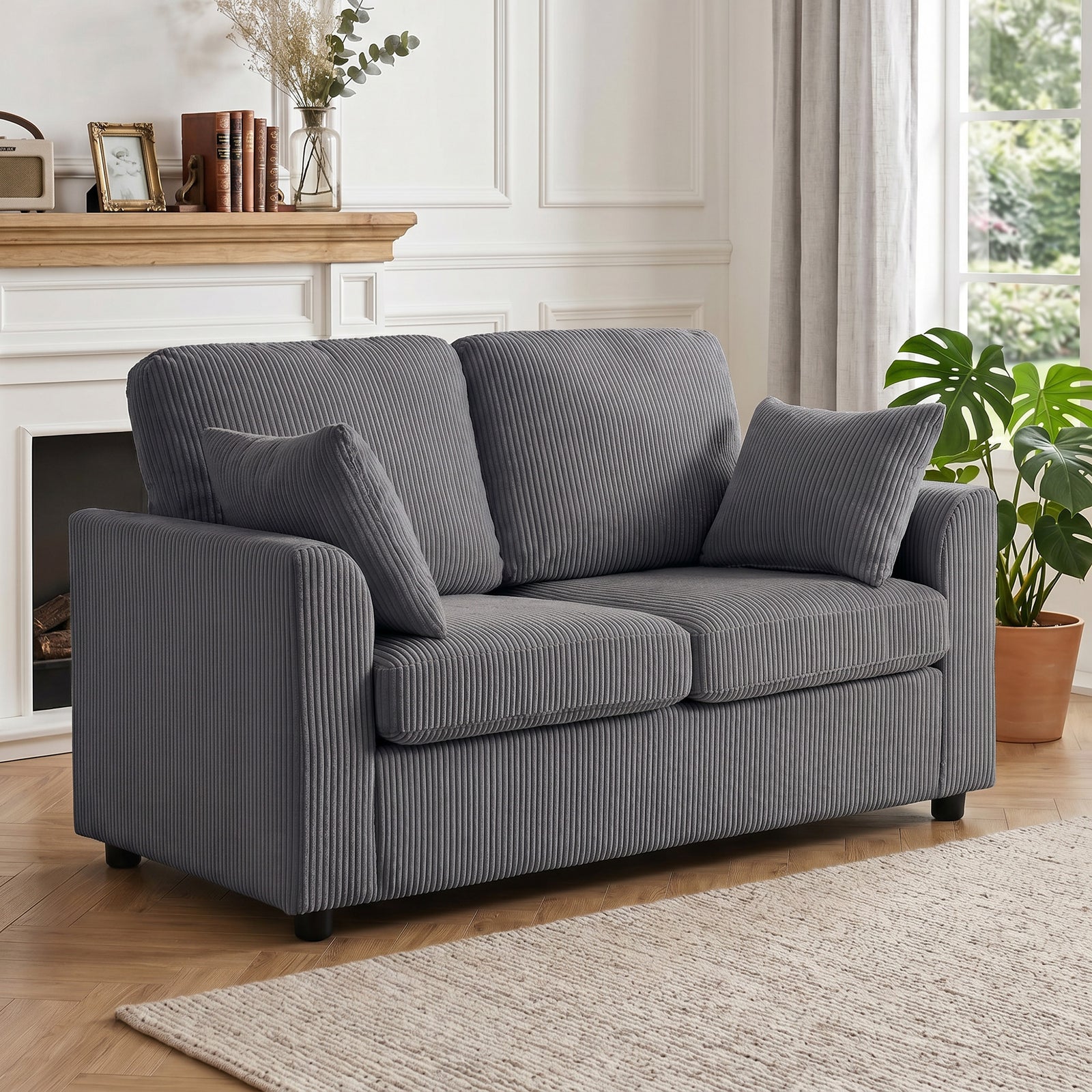 2 Seater Sofa, Corduroy Small Couch With Spring Cushion | Dark Grey