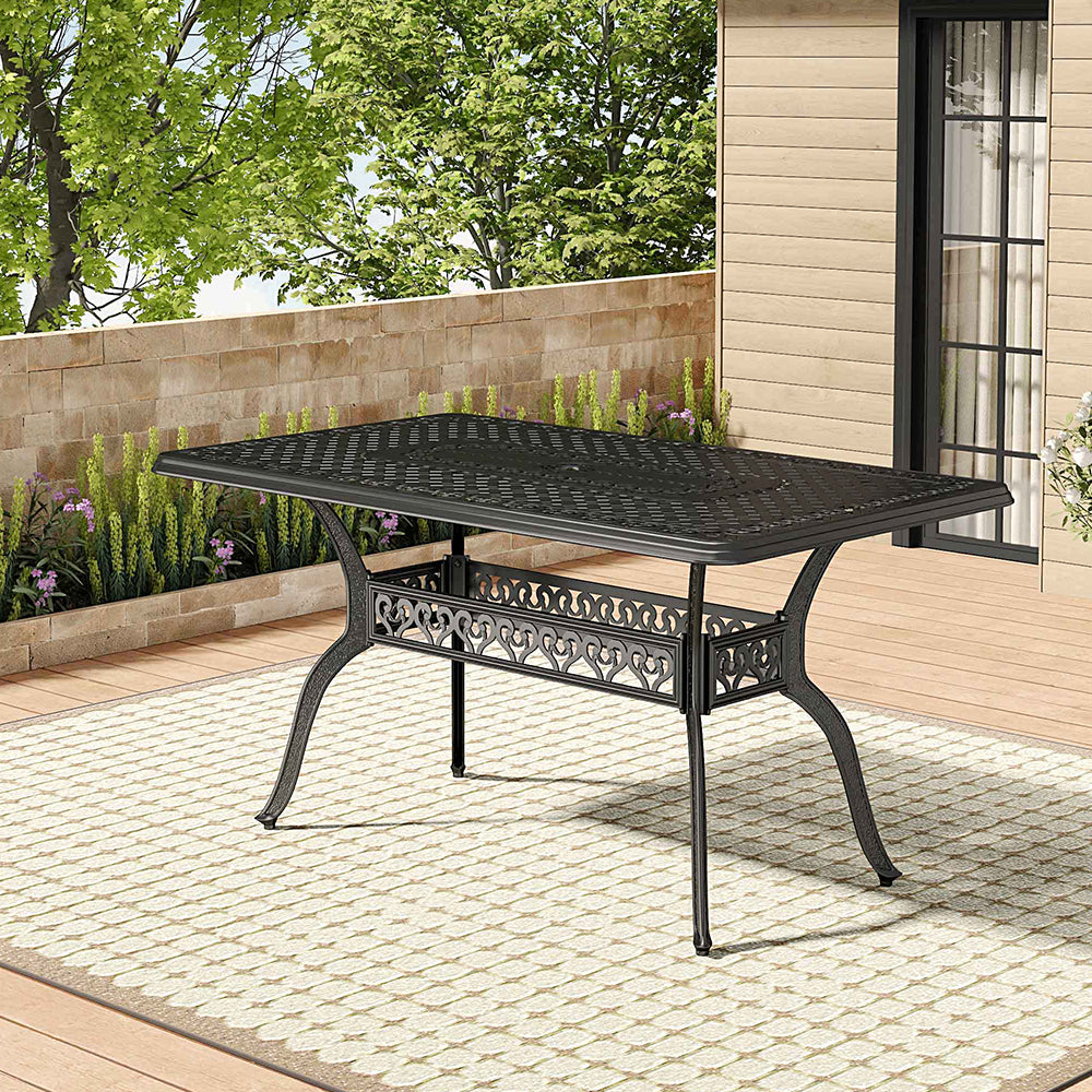 Outdoor Rectangular Cast Aluminium Patio Table With Umbrella Hole，150w X 90d X 73h Cm