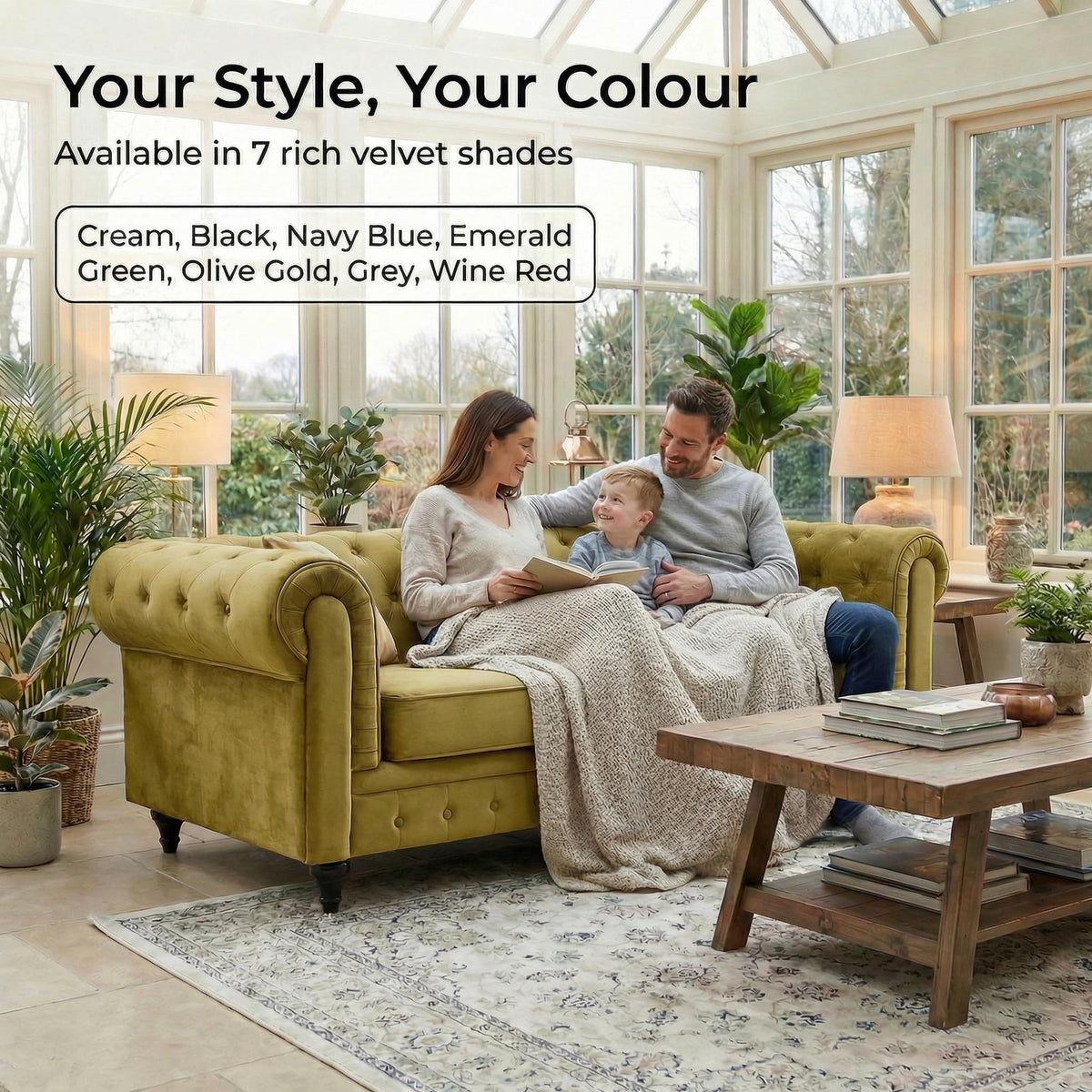 Chesterfield Scroll Arm Velvet Sofa 3 Seater | Olive