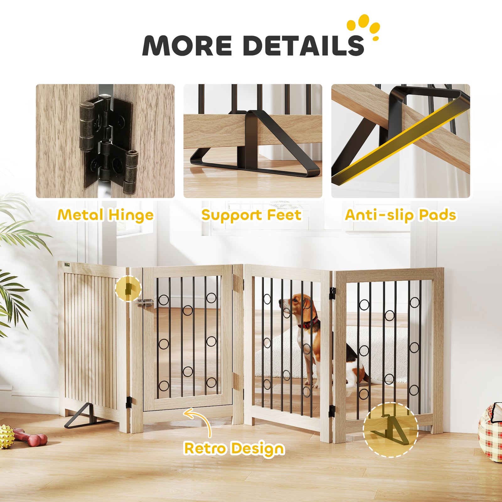 4 Panel Freestanding Pet Gate Foldable With Door For Stairs, Doorway