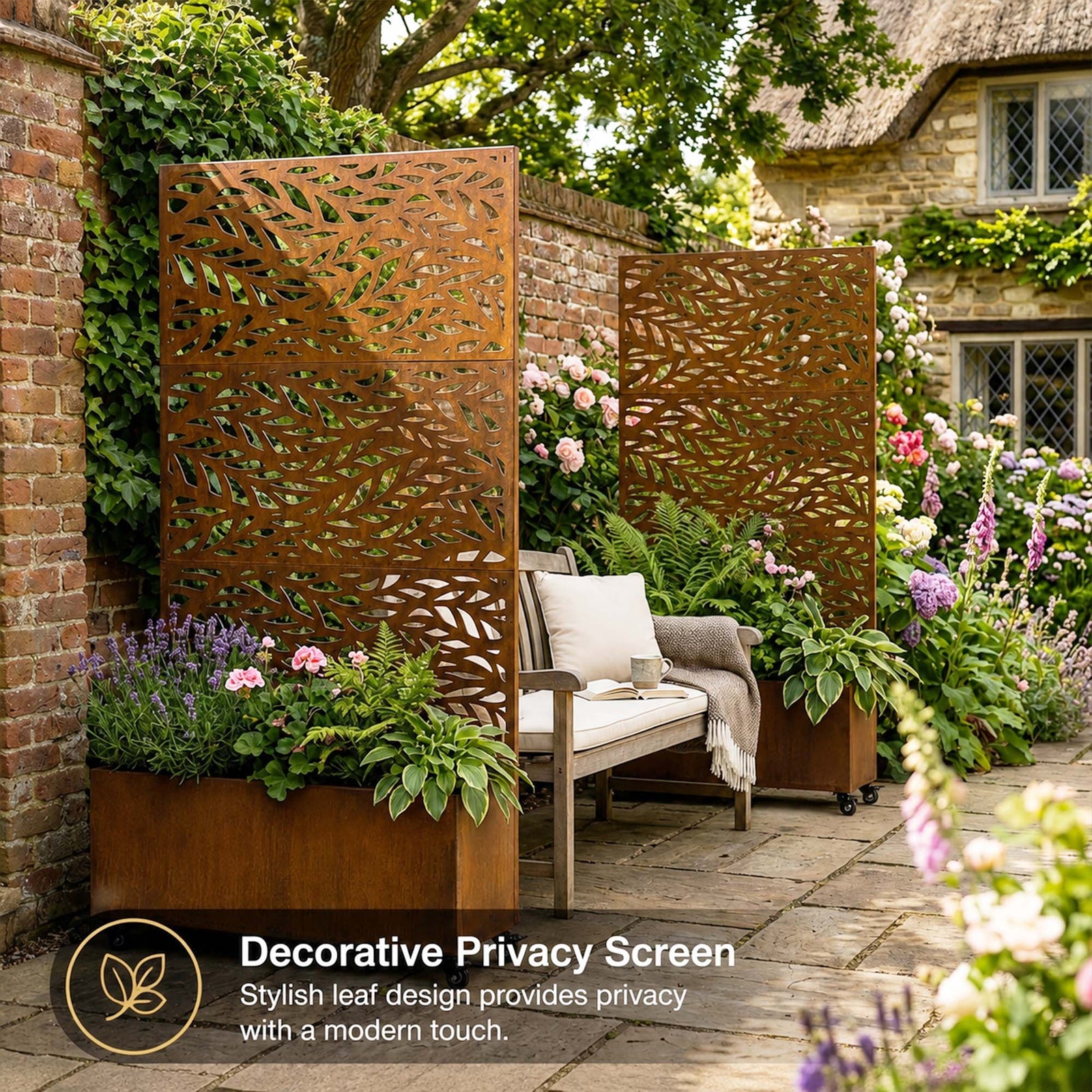 Metal Privacy Screen With Plant Pot - Leaf | Rust