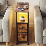 Bedside Table Narrow Side Table With Led Charging Station Storage Brown | Brown