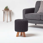HOMESCAPES Black Tall Cotton Knitted Footstool On Legs