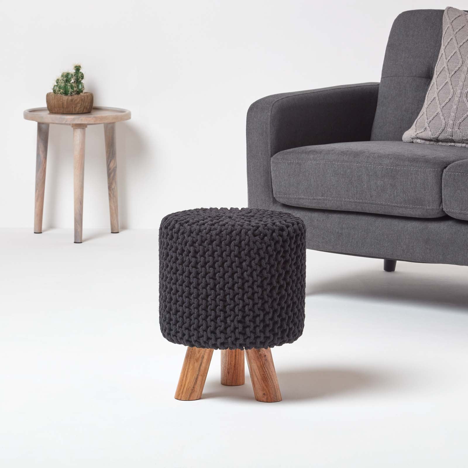 HOMESCAPES Black Tall Cotton Knitted Footstool On Legs