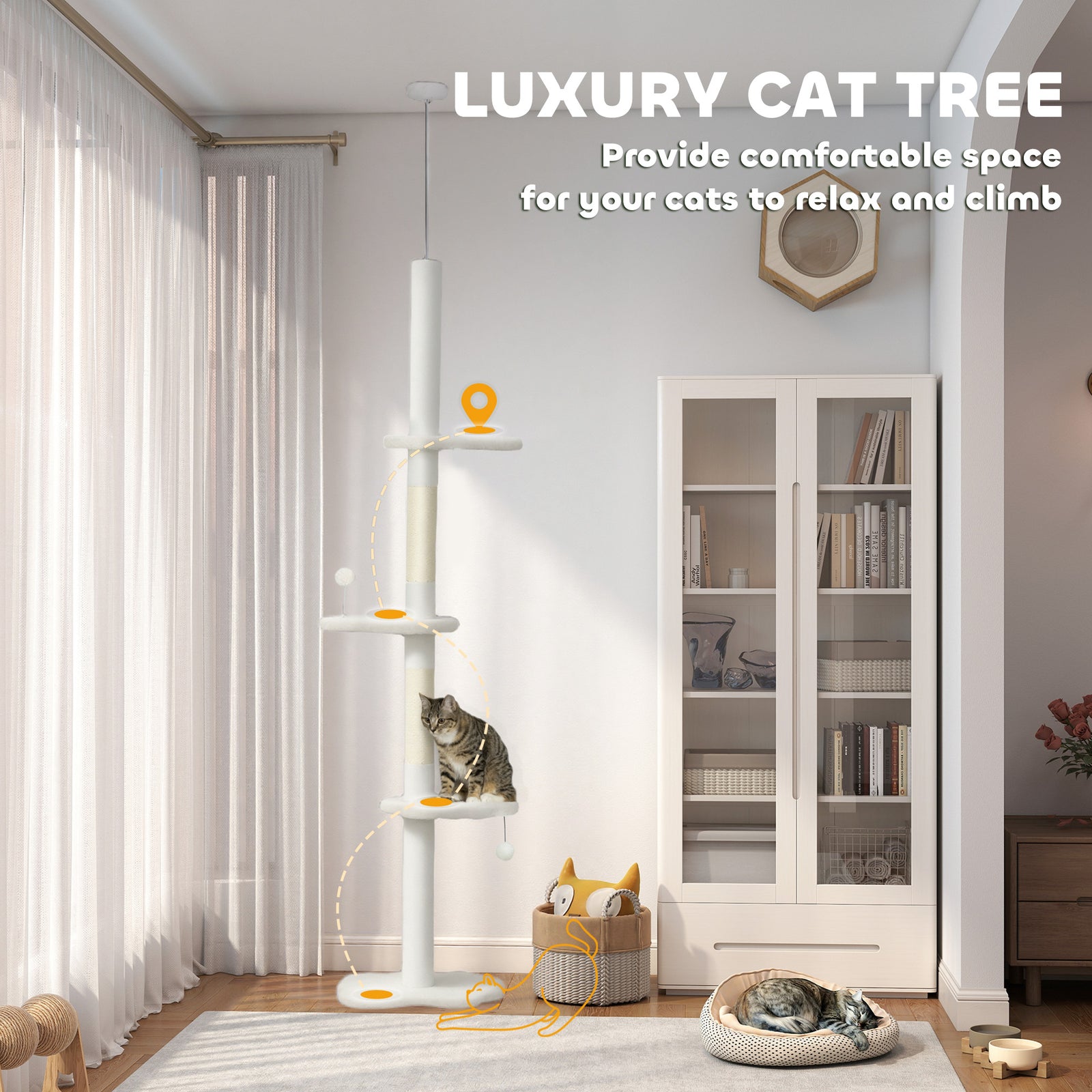 PawHut 225-255 Cm Adjustable Cat Tree With Sisal Scratching Posts, Beige