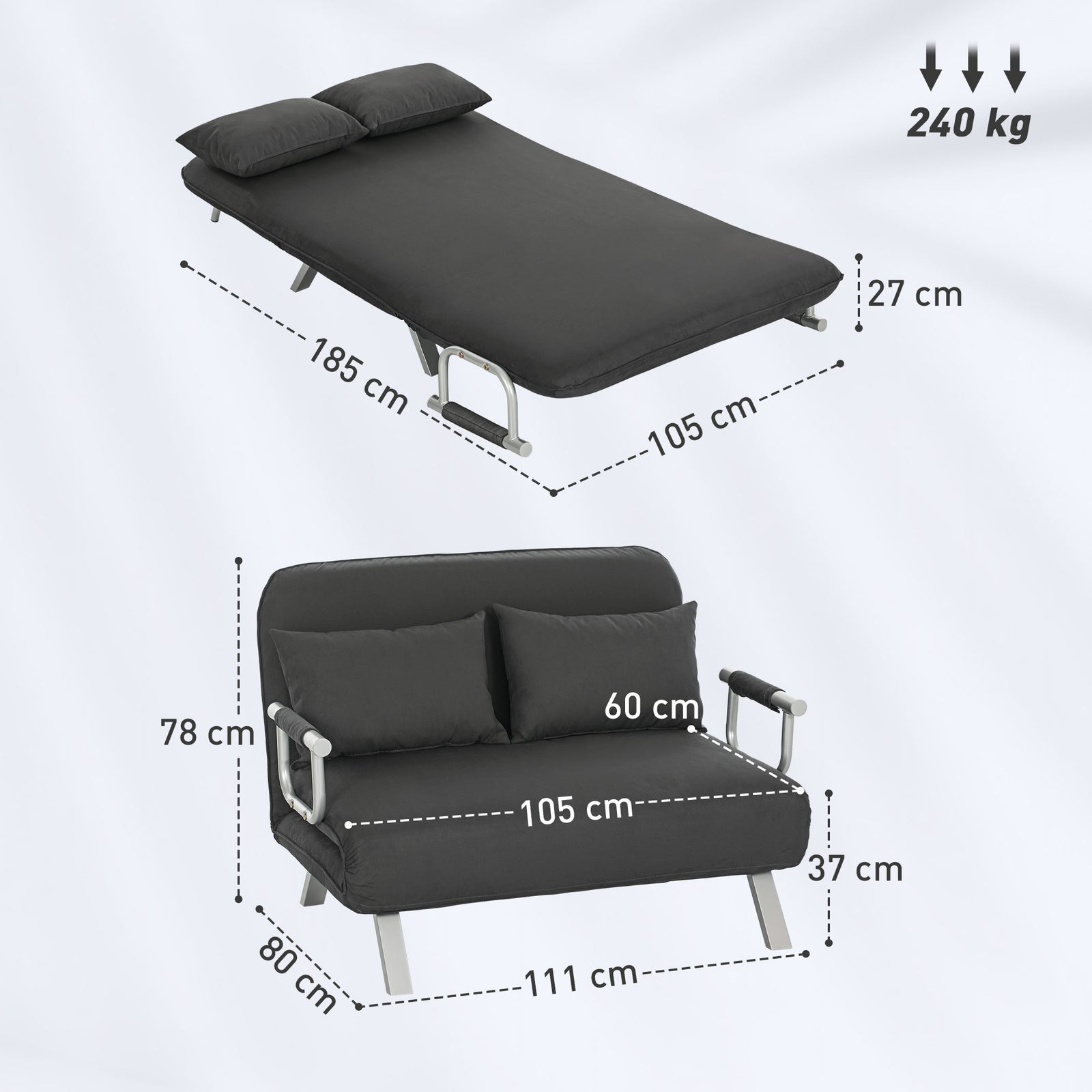 Fabric Convertible 2 Seater Sofa Bed W/ 2 Pillows | Grey