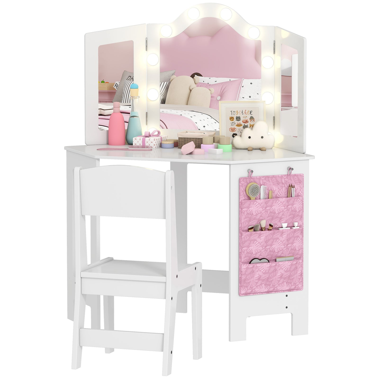 Kids Vanity Table And Stool With Lights, Tri-folding Mirror, White