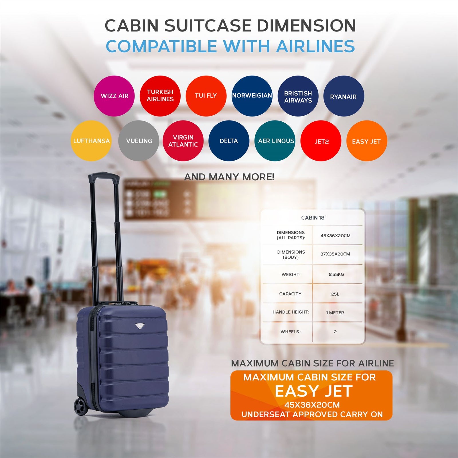 45x36x20cm Easyjet Free Cabin Bag 2 Wheel Suitcase Hard Shell Carry On | Cabin | Navy Blue