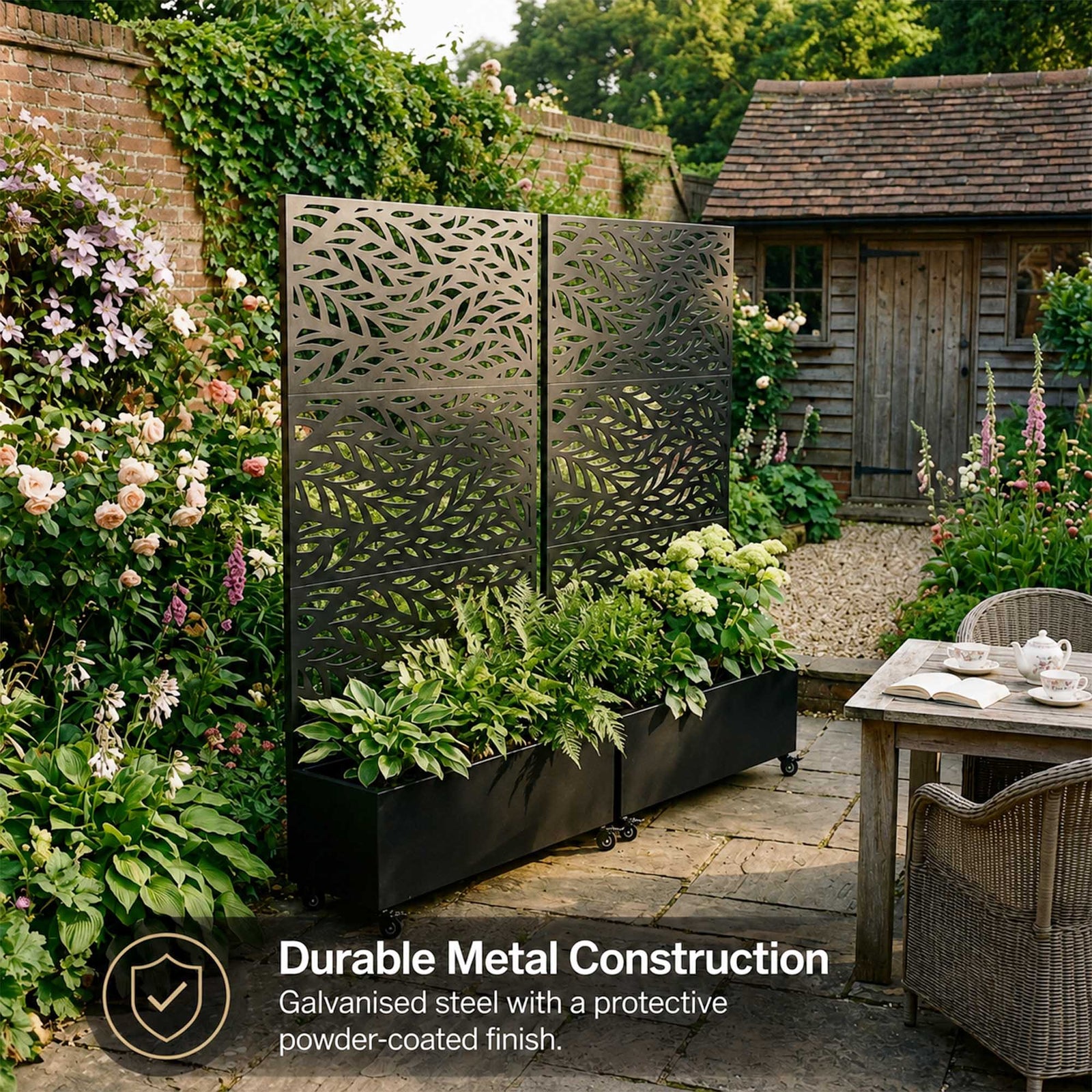 Metal Privacy Screen With Plant Pot - Leaf | Black
