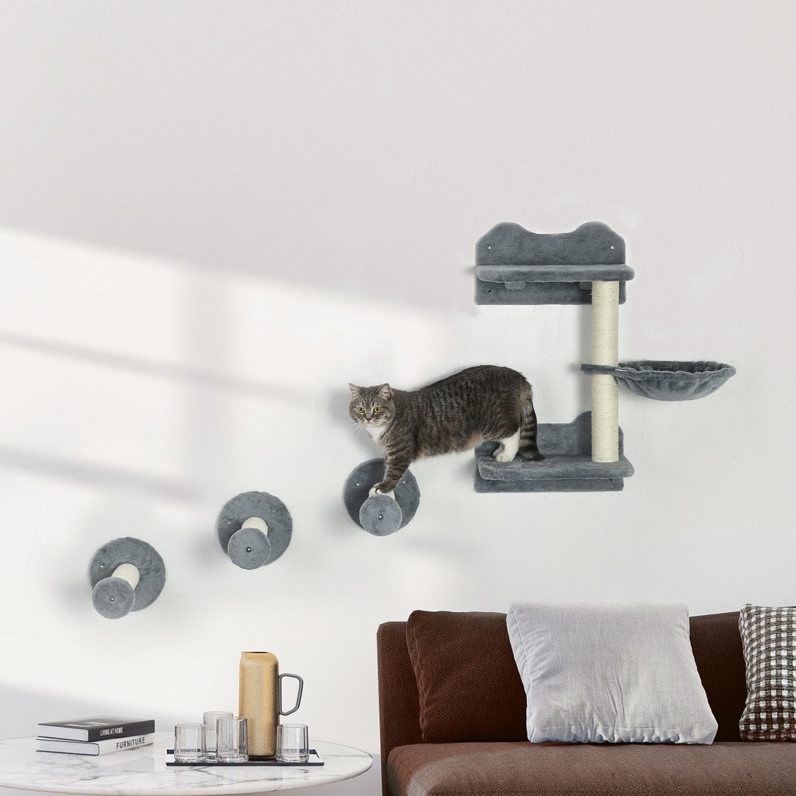 4 Piece Cat Shelf, Cat Wall Furniture W/ Hammock, Steps, Platforms | Gray