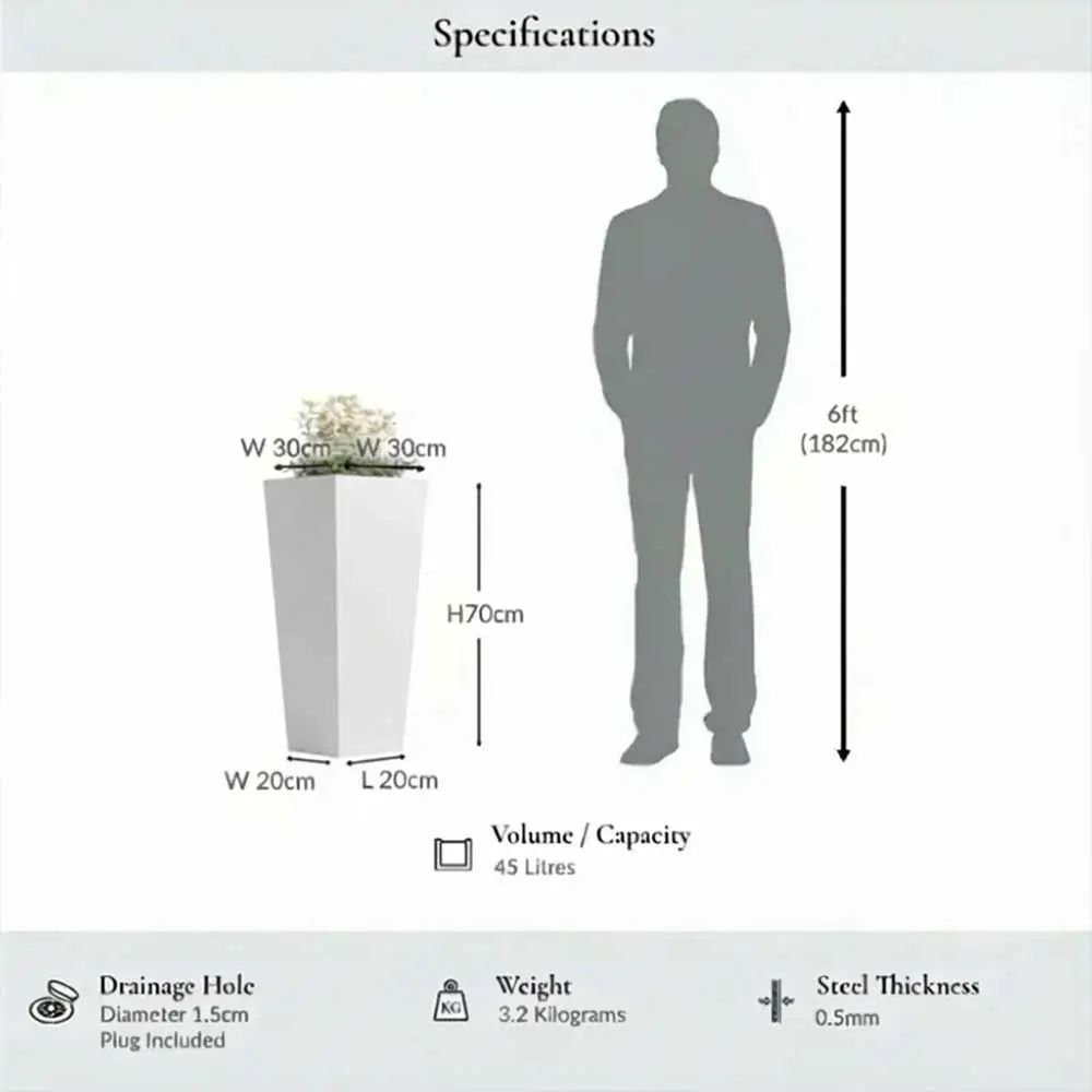Zinc Galvanised Tall Flared Tapered Square Planter | 30cm x 30cm x 70cm | White