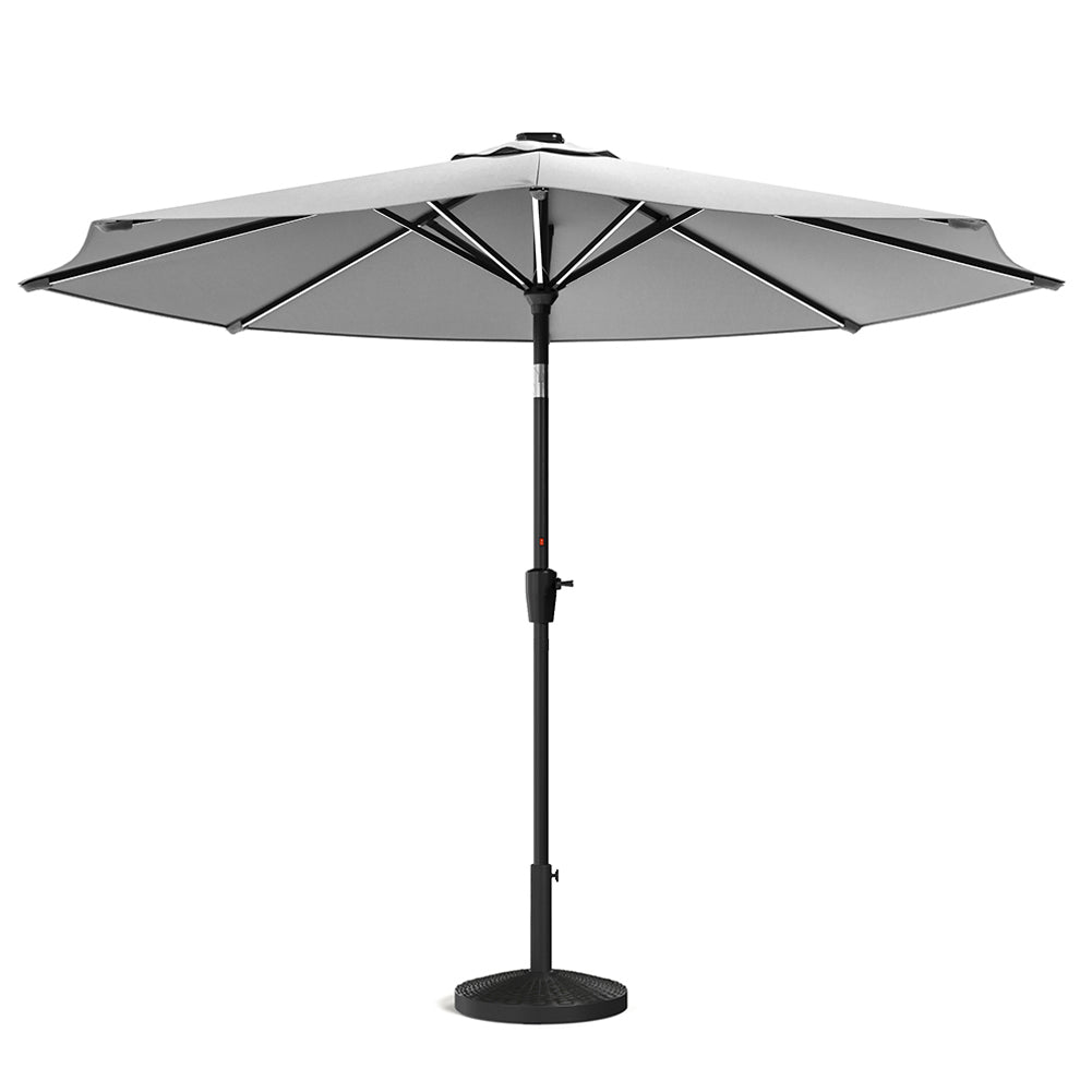 3m Solar Led Patio Umbrella, Outdoor Parasol With 16 Led Tubes, Crank Lift & Push Button Tilt With Round Base | One Size | Light Grey