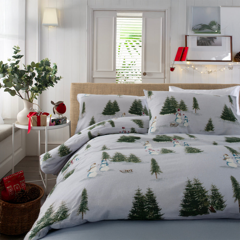 Snowman Printed 100% Brushed Cotton Duvet Cover Set | Single | White