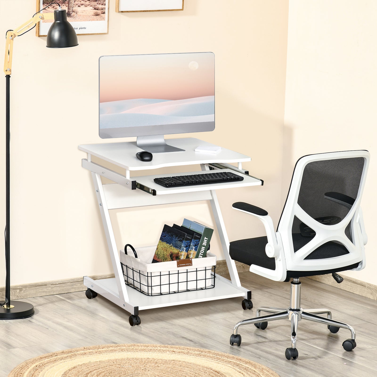Movable Computer Desk, 4 Wheels, Tray | White