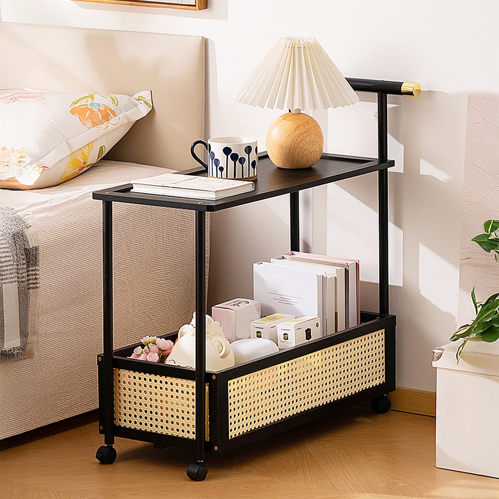 Breeins 2-tier Rolling Bamboo Side Table With Side Handle