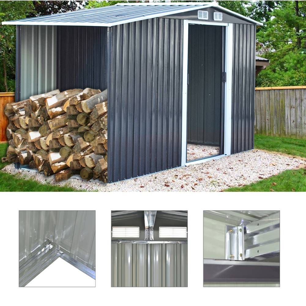 4x8ft Heavy Duty Garden Metal Shed With  Extra 66cm Outdoor Weatherproof Firewood Tool Storage Rack