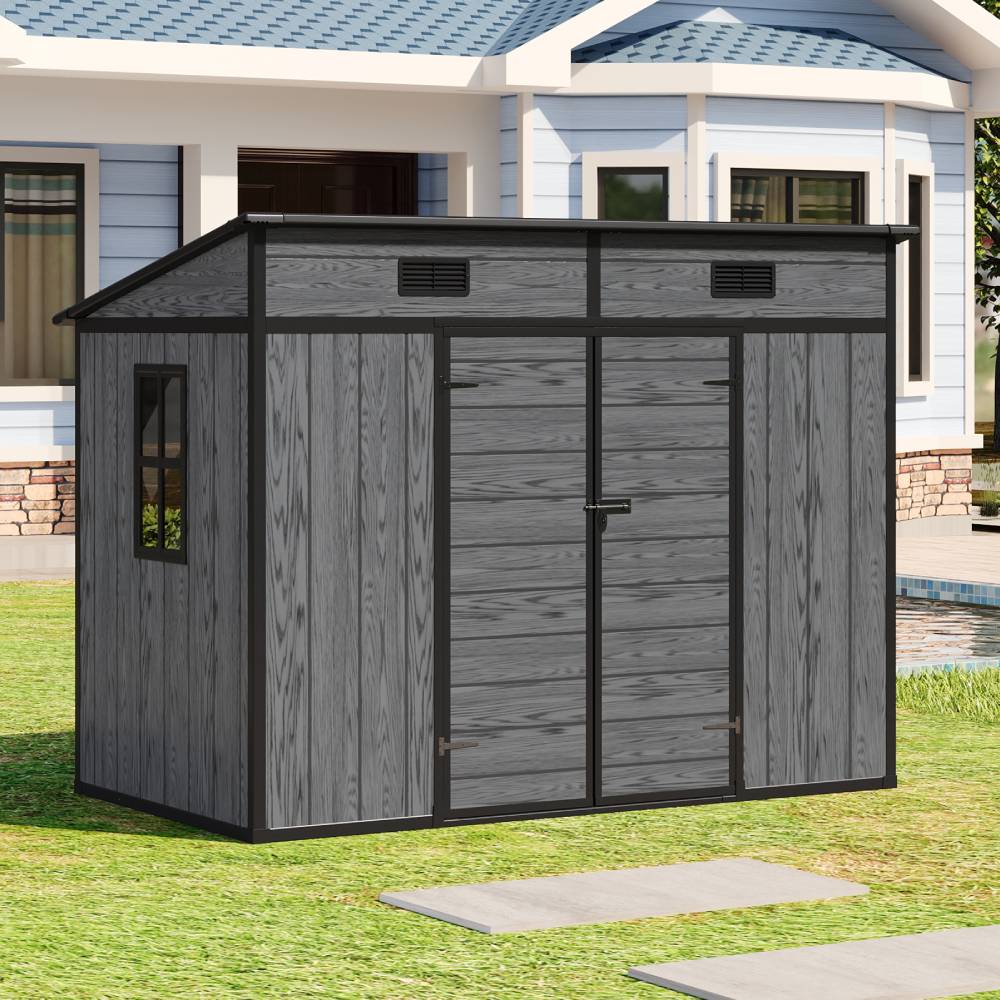8x4ft Outdoor Plastic Storage Shed With Floor, Window, 2 Vents & Double Lockable Doors,wood Grain Design